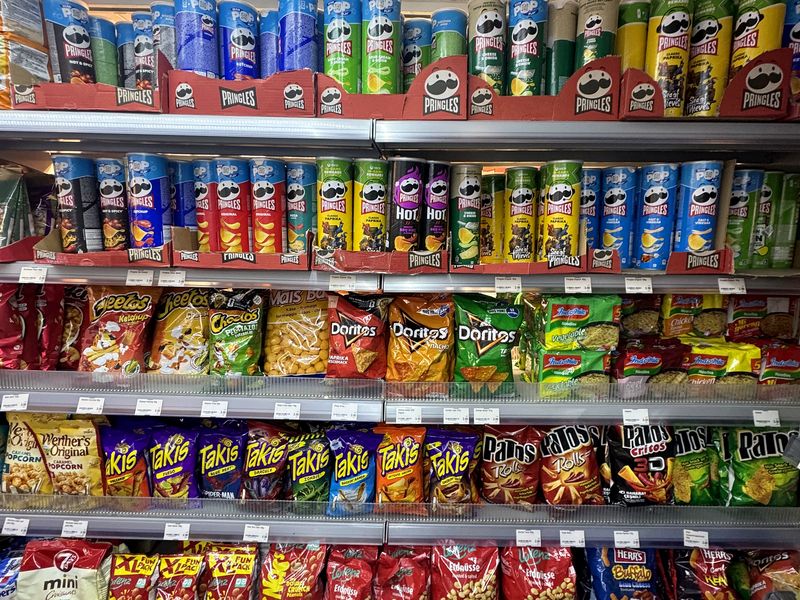 Regal mit Pringles, Doritos, Takis und weiteren Chips
